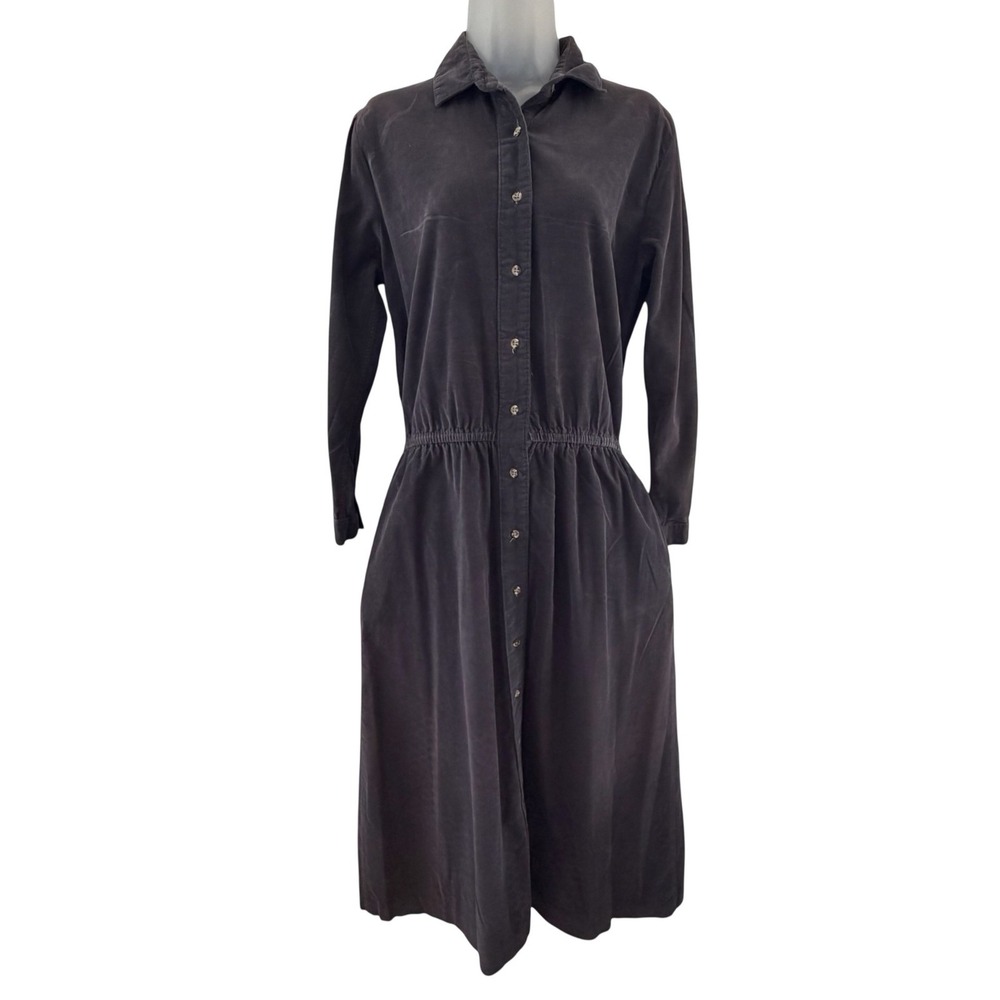 Vintage Lands' End Dress‎ Womens 12 Gray Corduroy Shirt Button Midi Made USA